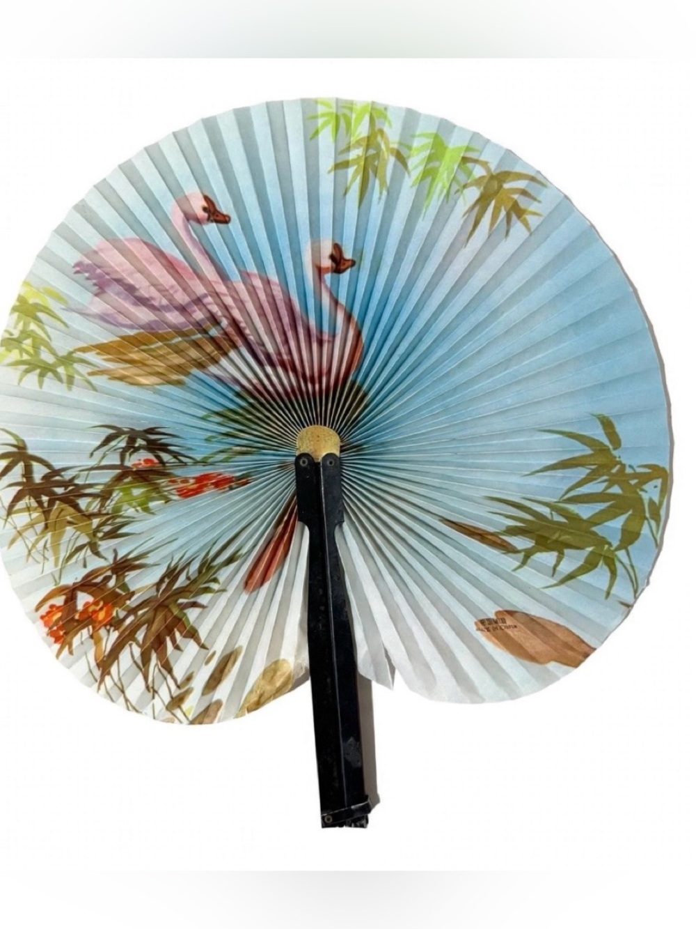 Vintage Folding Paper Fan in Handle - Flamingo Bamboo Print - Retro Hand Fan